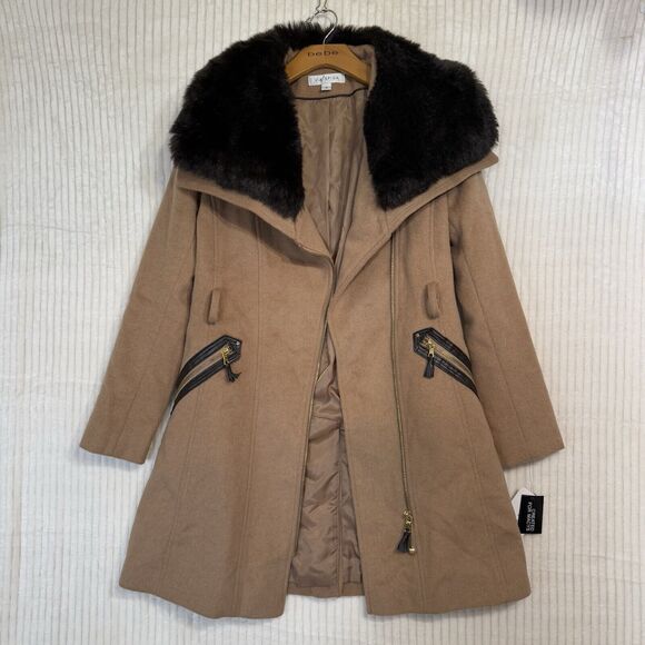 Via Spiga Jackets & Blazers - Via Spiga Camel‎ Faux Fur Wool Blend Pea Coat Women Sz 0 NWT $400 No Belt